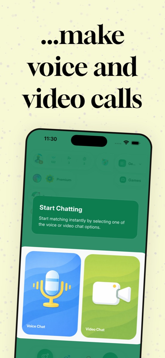 Start chatting screen with voice chat and video chat options