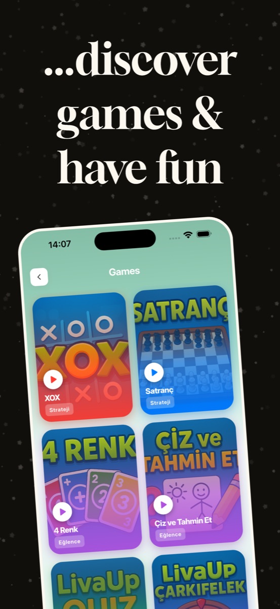 Games screen with XOX, chess, 4 colors and draw and guess